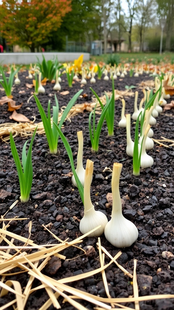 Garlic cloves planted in soil with mulch, surrounded by autumn foliage.
